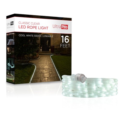 UltraPro LED Rope Lights, 16ft Classic Clear Rope, Cool White Light 5000K, Indoor/Outdoor, Flexible, Linkable, Durable, Rope Lights Outdoor, 54842