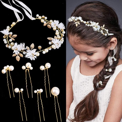 7 Pieces Flower Girls Headpieces Set Leaf Floral Pearls Rhinestone Headband for Wedding Bride Flower Girls Hairband Tiara Crown 1 Headband with 6 Pearl Hair Pins Hair Accessories