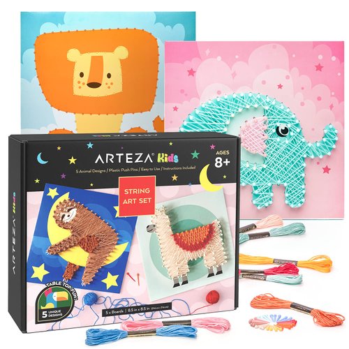 Arteza Kids String Art Kit, Set of 5 Animal Designs, Plastic Pushpins, Art Supplies for Kids Craft Projects and Free Time Activities