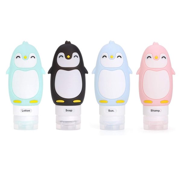 Kanga Care Travel Buddiez Penguin 3oz Refillable Silicone Leak Proof Toiletry Bottle 4 Pack set for Shampoo Conditioner Lotion Face Body Wash - Penguin Family (4 pack) Multicolored