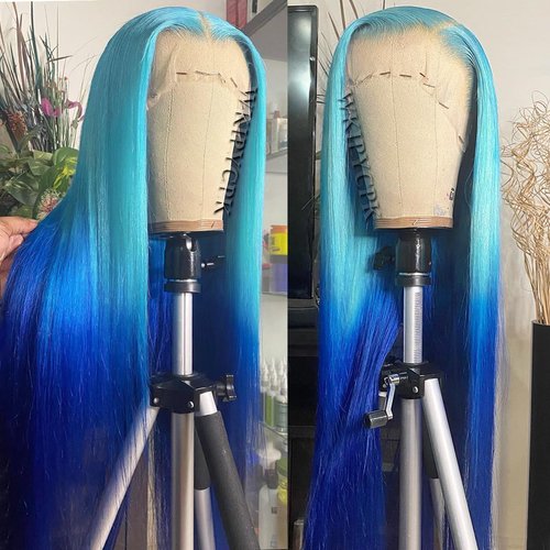 WKIPYCPK Blue Lace Front Wigs Long Straight Hair Ombre Blue Color Wig Heat Resistant Synthetic Lace Front Wigs for Fashion Women