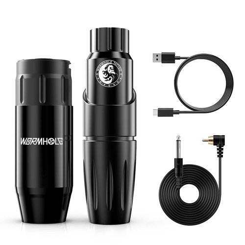 Tattoo Kit, Wormhole Tattoo Gun Wireless Tattoo Machine with Tattoo Battery Pack Power Supply, RCA Tattoo Cord, Type-C Cable, Wireless Rotary Tattoo Machine Tattoo Pen CHD01-A(1,200mAh+Black)