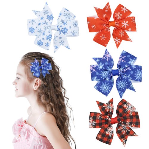 Snowflakes Bow Hair Clips Christmas Hair Bows Alligator Clips Blue Red White Lattice Hairpin Hair Barrette for Girls Winter Hair Accessories Birthday Christmas Party Favor 4Pcs