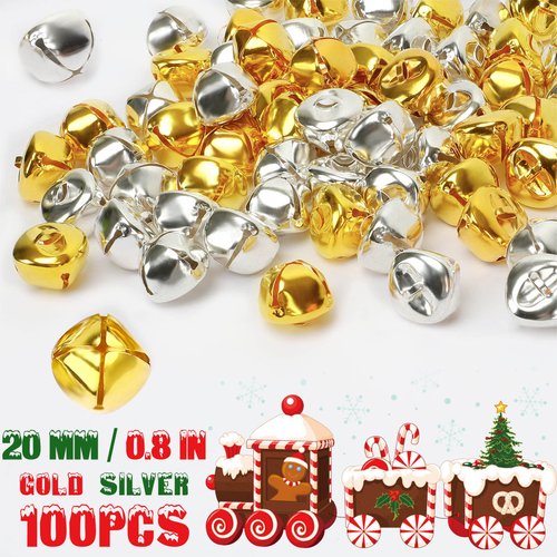 Augshy 100 Pieces Jingle Bells 4/5Inch Craft Bell Bulk for Christmas Home and Pet Decorations Xmas Decor Party Favors Supplies (Gold and Silver)