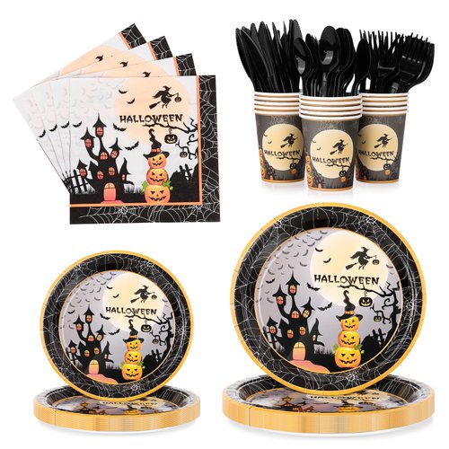 KesaPlan 168 Pcs Halloween Party Supplies Tableware Set Halloween Trick or Treat Disposable Plates and Napkins Halloween Themed Party Dinnerware Set Decorations Serve 24 Guests
