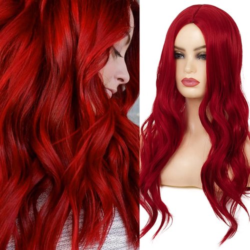 Baruisi Red Wigs for Women Long Wavy Synthetic Hair Wig Natural Middle Parting Heat Resistant Costume Cosplay Wig