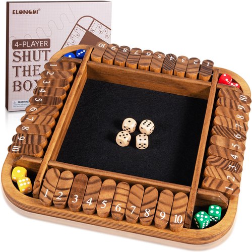 ELONGDI 1-4 Players Shut The Box Dice Game,12" Wooden Board Table Math Games with 12 Dice and Storage Bag for Kids Adults Classic Tabletop Version for Classroom,Home,Party or Pub