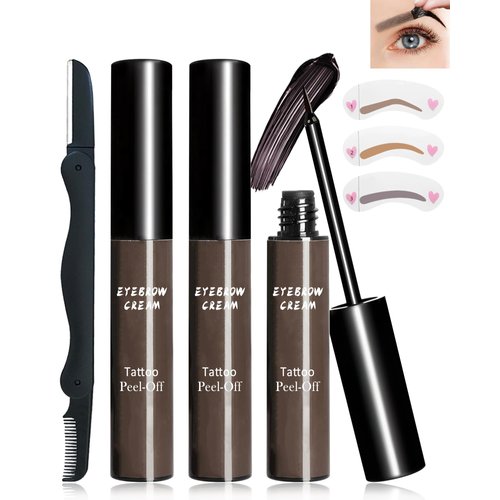 Brow Tattoo Peel Off Tint Set - 2Pcs Gray Peel Off Eyebrow Tint Gel, Long Lasting Up to 3 Days, Waterproof Smudge-proof Eyebrow Tattoos Gel, Peeling Eye Brow Makeup with Brow Stencils & Razor-03