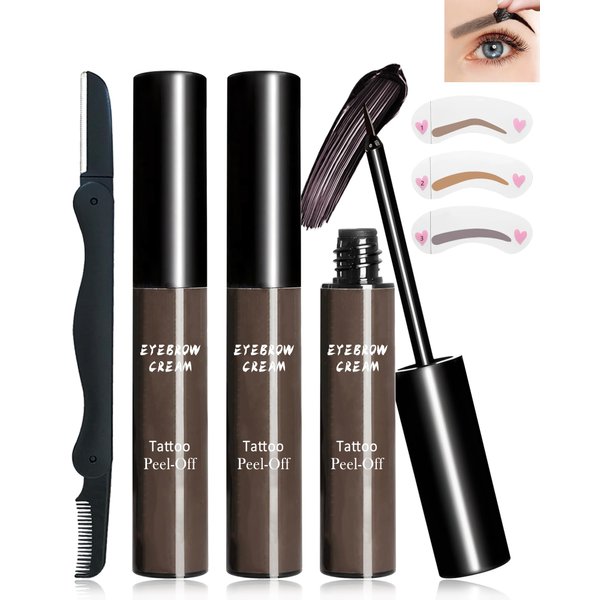 Brow Tattoo Peel Off Tint Set - 2Pcs Gray Peel Off Eyebrow Tint Gel, Long Lasting Up to 3 Days, Waterproof Smudge-proof Eyebrow Tattoos Gel, Peeling Eye Brow Makeup with Brow Stencils & Razor-03