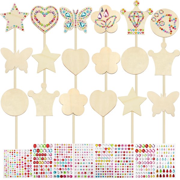 SAYAYA 48 Pack Fairy Wands Kit 6 Styles Unfinished Wooden Princess Wand DIY Princess Wand with 16 PCS Stickers Fairy Wands Craft Kit for Make Your Own Princess Wand Ideal Gift for Party Supplies