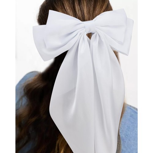 Velscrun Women Girls Hair Accessories Gifts - Khaki Satin Coquette Bow, White Silky Bow, Brown Oversized Hair Clip Ribbons, Black Long Tail Barrettes (4Pcs)