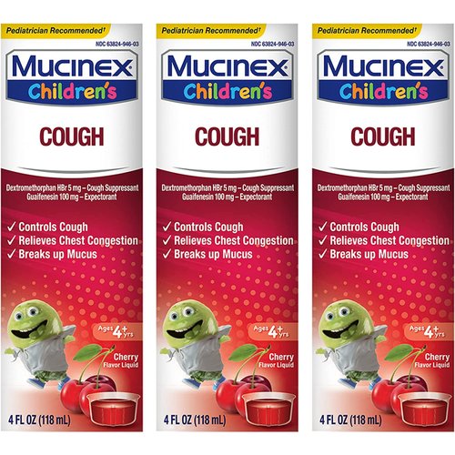 Mucinex Children's Cough Medicine, Expectorant, Liquid Cough Suppressant, Cherry Flavor, 4 Fl Oz (Pack of 3)