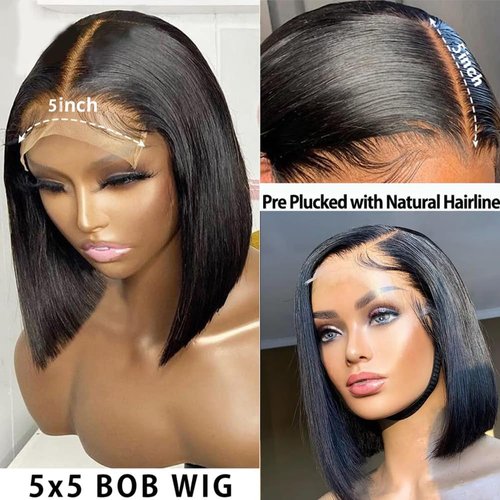 Karlami Hair HD 5x5 Closure Bob Wig Human Hair Bone Straight 16 inch Short Bob Wig Glueless Wigs Lace Wig Pre Plucked for Women 150% Density Brazilian Wigs Pre-Plucked Bob Wig Natural Color