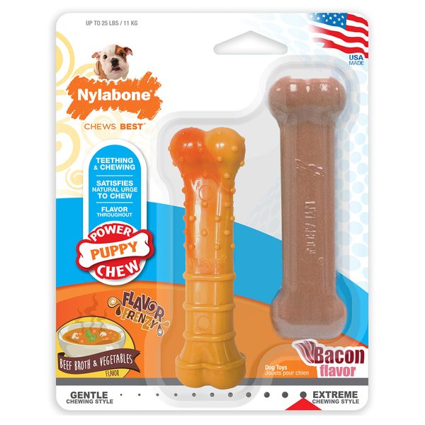 Nylabone Puppy Power Chew Toy - Tough and Durable Puppy Chew Toy for Teething - Puppy Supplies - Bacon & Beef Broth Flavor, Small (2 Count)
