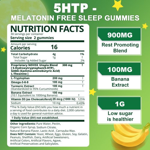 5-HTP GABA Sleep Supplement Gummies - Melatonin Free Extra Strength 900mg Complex for Health Rest Cycle, Banana Extract, L-Theanine, L-Tryptophan, Omega-3-6-9 for Natural Zzzs, Brain Relax,(Pack of 2)