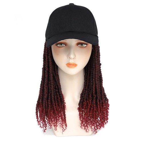 AliRobam Braid Hat Wig Short Baseball Cap Wig with Pre-Twisted Passion Twist Crochet Hair Synthetic Curly Ends Wig Hat Adjustable Black Baseball Hat Wig for Women Black Burgundy color(14inch, TBug)