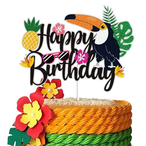 Toucans Happy Birthday Cake Topper Black Glitter Hawaiian Luau Palm Leaf Jungle Cake Decor Tropical Bird Theme Birthday Party Supplies