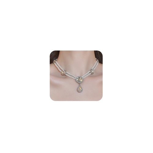 Jumwrit Vintage Layered Pearl Choker Beaded Necklace Boho Shiny Rhinestone Circle Teardrop Pendant 2 Tier Short Necklace Statement 1920s Flapper Accessories