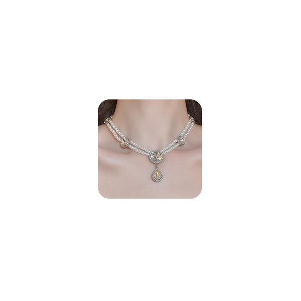 Jumwrit Vintage Layered Pearl Choker Beaded Necklace Boho Shiny Rhinestone Circle Teardrop Pendant 2 Tier Short Necklace Statement 1920s Flapper Accessories