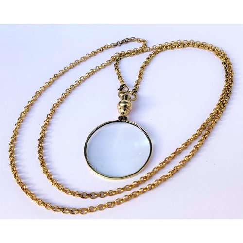 Arch Instruments Brass Round Gold Magnifying Glass, Optical Magnifier Lens with Gold Sleek Necklace Chain Monocle for Library Reading Fine Print Zooming Increase Vision Art Deco Standard