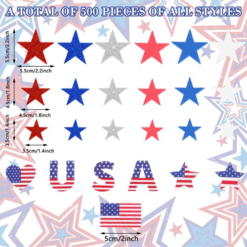 AnyDesign 500Pcs Patriotic Foam Stickers 4th of July Glitter Star American Flag Foam Decals for Kid's Arts Craft Greeting Cards Independence Day Memorial Day Party Decorations, Red Blue White