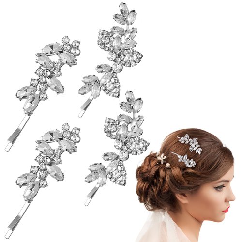 Beaupretty 4 Pcs Rhinestone Wedding Hair Clips Crystal Bobby Pins Silver Hairpin Barrette Leaf Wedding Elegant Hair Accessories