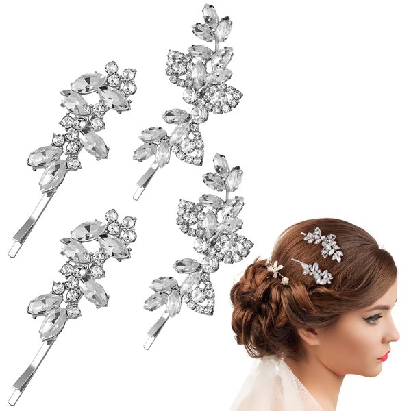 Beaupretty 4 Pcs Rhinestone Wedding Hair Clips Crystal Bobby Pins Silver Hairpin Barrette Leaf Wedding Elegant Hair Accessories