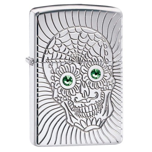 Zippo Armor Sugar Skull Design High Polish Chrome Emblem Attached Pocket Lighter