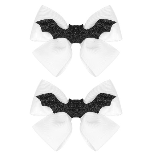 Halloween Bat Hair Bows, 2PCS Glitter Bat Hair Clip Handmade Grosgrain Ribbon Bow Hairpin Halloween Hair Accessory for Kids Girls Teens Trick or Treat Deco, White