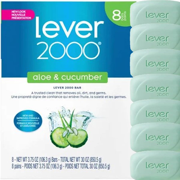 Lever 2000 Refreshing Body Soap and Facial Cleanser With Aloe & Cucumber Effectively Washes Away Bacteria, Fresh Aloe, 3.75 Ounce (Pack of 8)