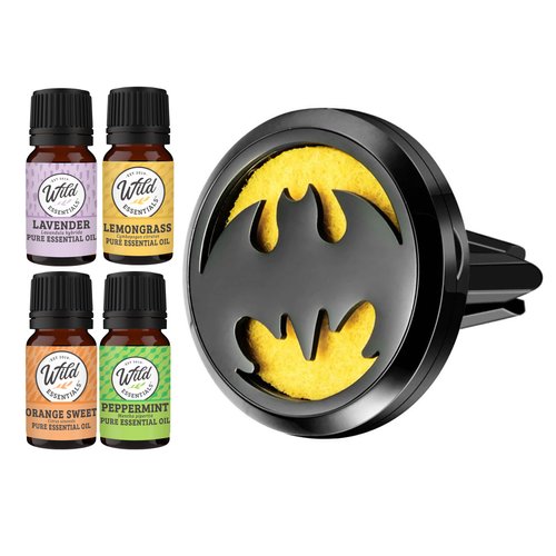 Wild Essentials Black Bat Essential Oil Car Vent Diffuser Kit With Lavender, Lemongrass, Peppermint, Orange Oils,Stainless Steel Locket Pendant,8 Refill Pads, Customizable Color Changing Air Freshener