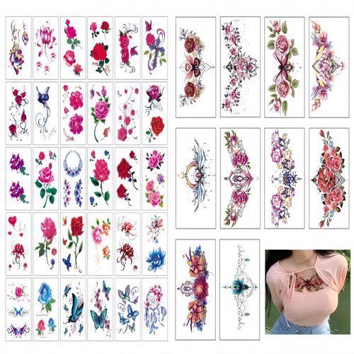 40 Sheets Waterproof Flowers Temporary Tattoos Stickers,Roses, Butterflies and Multi-Colored Mixed Style Body Art Temporary Tattoos for Women and Girls