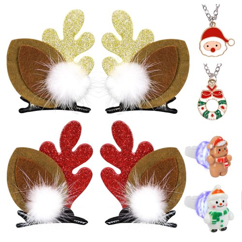 6PCS Christmas Accessories - Reindeer Antlers Hair Clips + Santa Wreath Necklaces+Light-up Snowman Bear Rings, for Cute Girls Women Xmas Holiday Party