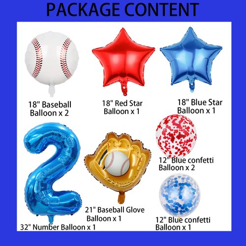 HADCKJA Baseball Balloons Baseball Birthday Party Supplies with 2nd Balloon Baseball Glove Balloon Red Blue Star Red Blue Confetti Balloon for Boy Shower Decorations Birthday Party Decorations 9Pcs