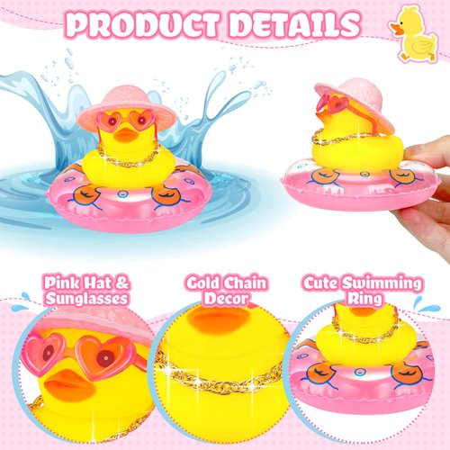 Sotiff Mini Rubber Ducks Bulk for Kids Children Cute Yellow Duck Toy for Dashboard of Car Bathtub Ornaments with Sunglasses Swim Ring Mini Hat Necklace and for Baby Shower(24 Sets,Sweet)