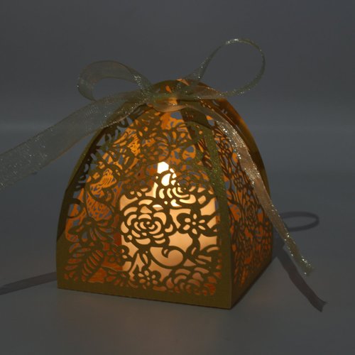 KPOSIYA Pack of 70 Laser Cut Rose Candy Boxes, Favor Boxes 2.5"x 2.5"x 3.1", Gift Boxes for Bridal Shower Anniverary Birthday Party Wedding Favor (Gold)