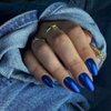 KQueenest Deep Blue Press on Nails Medium Round,Chrome Nails Press ons Oval,Metallic Glue on Nails Acrylic,Almond Fake Nails with Design,Glitter False Nails in 24 PCS for Daily Party Decoration