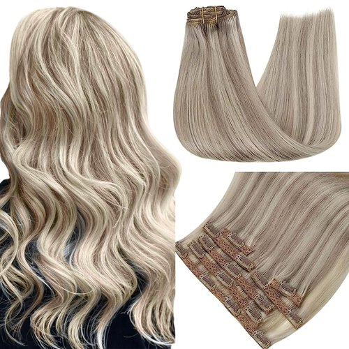 RUNATURE Blonde Clip in Hair Extensions Real Human Hair 16 Inch 120g Grey Blonde Highlight Platinum Blonde Hair Extensions Clip Ins Human Hair Full Ends Remy Clip in Brazilian Hair 7Pcs