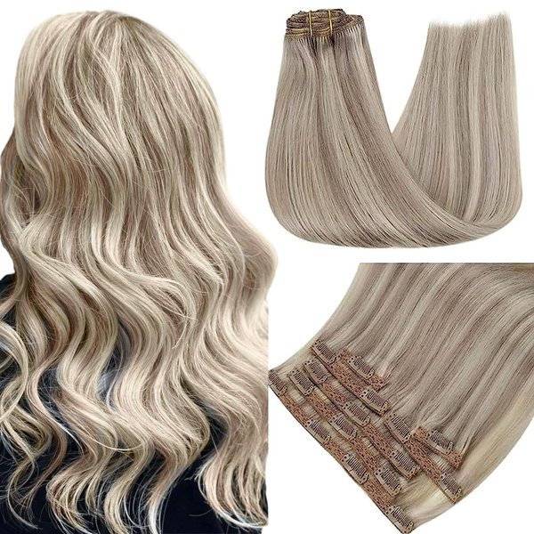 RUNATURE Blonde Clip in Hair Extensions Real Human Hair 16 Inch 120g Grey Blonde Highlight Platinum Blonde Hair Extensions Clip Ins Human Hair Full Ends Remy Clip in Brazilian Hair 7Pcs