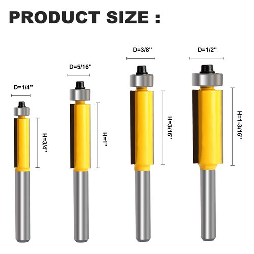 Yueqing Zhongji Flush Trim Router Bit Set Top Bearing Flush Trim Router bit 1/4 Shank Milling Cutting Diameter 1/4 Flush Trim bit Cutting Height in 1/4”, 5/16”, 3/8”, 1/2” Flush Trim Router bits 4PCS