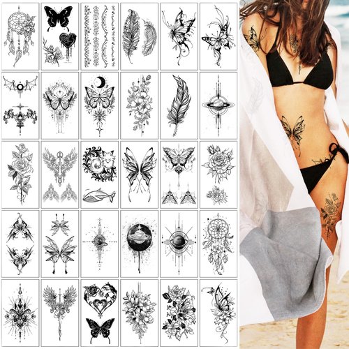 30 Sheets Black Temporary Tattoos for Women Girls Adults 3D Butterfly Flower Fake Tattoo Stickers Waterproof Body Art Colored Temp Tattoo Paper