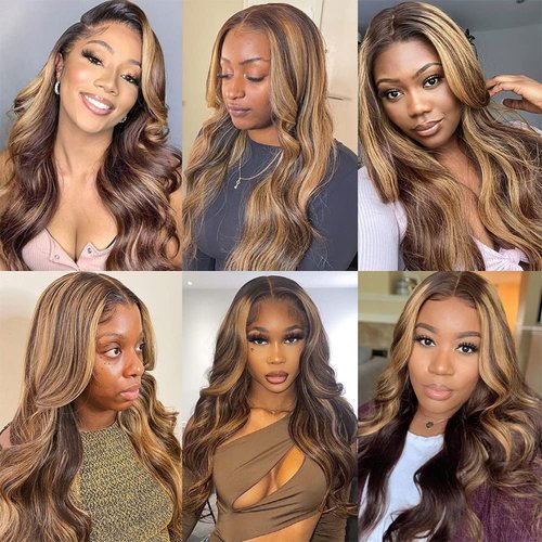 22 Inch curly human hair wig Highlight Body Wave Lace Front Wig Human Hair 13x4 HD Wigs for Black...