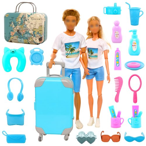 Miunana 29pcs Doll Travel Clothes and Accessories Blue Trunk Suitcase 2 Girl Doll Clothes 1 Boy D...