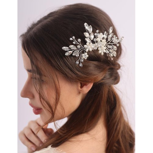 BERYUAN Rhinestone Crystal Pearls Flowers Hair Comb Crystal Rhinestone Wedding Bridal Hair Comb Rhinestone Bridal Headpiece Flowers Pearls Hair Side Comb for Brides Bridesmaid (silver)