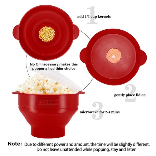 The Original Korcci Microwaveable Silicone Popcorn Popper, BPA Free Microwave Popcorn Popper, Collapsible Microwave Popcorn Maker Bowl, Use In Microwave, Dishwasher Safe (Cherry Red)