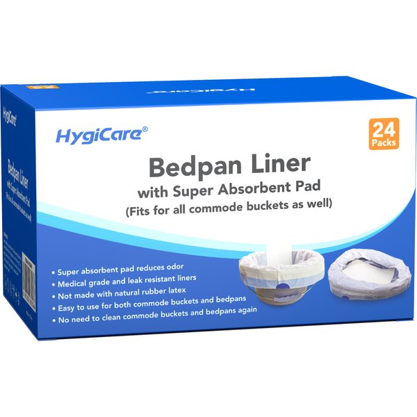 HygiCare Bedpan Liners with Super Absorbent Pads - 24 Count Universal Fit, Medical Grade, Leakproof, Odor Reducing, For Bedside Commodes