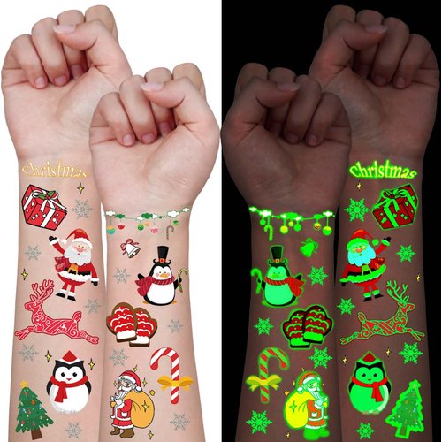 Luminous Christmas Temporary Tattoos Stocking Stuffers for Kids, 12 Sheets Christmas Stocking Stuffers Glow in the Dark Tattoos Stickers for Boys and Girls Christmas Party Favors Gifts for Kids