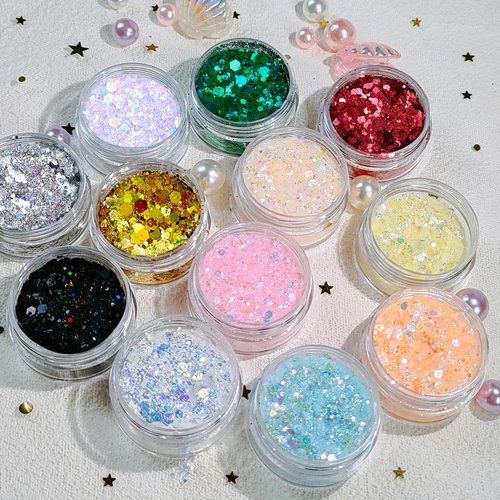 12 Colors Holographic Chunky Glitter for Face Body Nail - Rainbow Chunky Glitter for Makeup Fine Glitter Eyeshadow, Craft Glitter for Resin Halloween Musical Festival & Nail Art