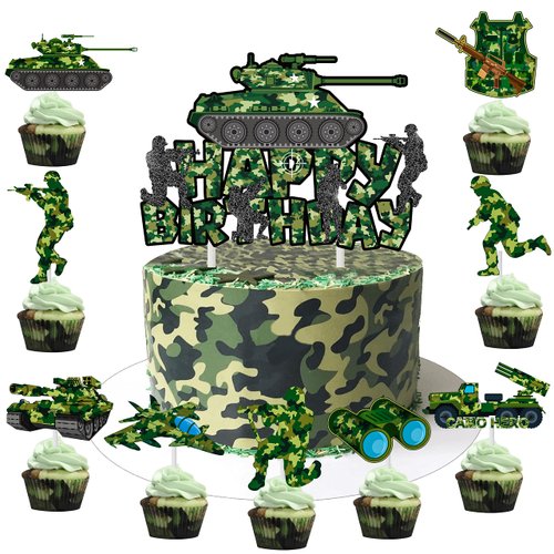Camoufalge Birthday Party Cake Topper Camo Cupcake Toppers Camo Gree Happy Birthday Cake Decoration for Army Soldier Military Theme Baby Shower Supplies