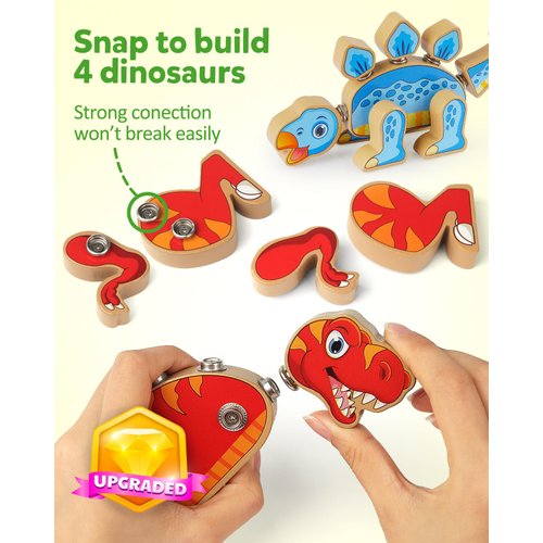 Coogam Dinosaur Snap Together Building Toys, Wooden Take Apart Dinosaur Playset, STEM Montessori Educational Fine Motor Skill Toy Gift for 3 4 5 Years Old Kids